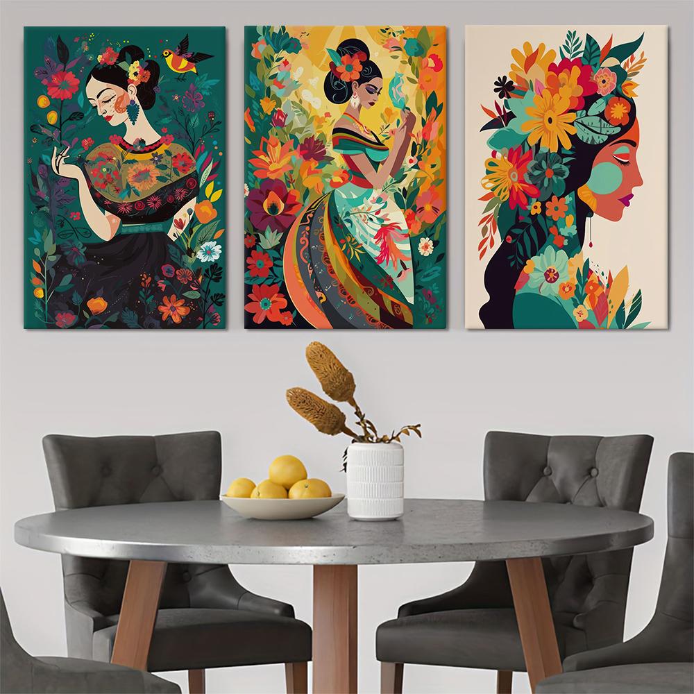 

3 pieces of Mexican style Frida Kahlo canvas decorative paintings, Bohemian ethnic style floral figure illustrations, living roo (as the picture,20x30cm No Frame)