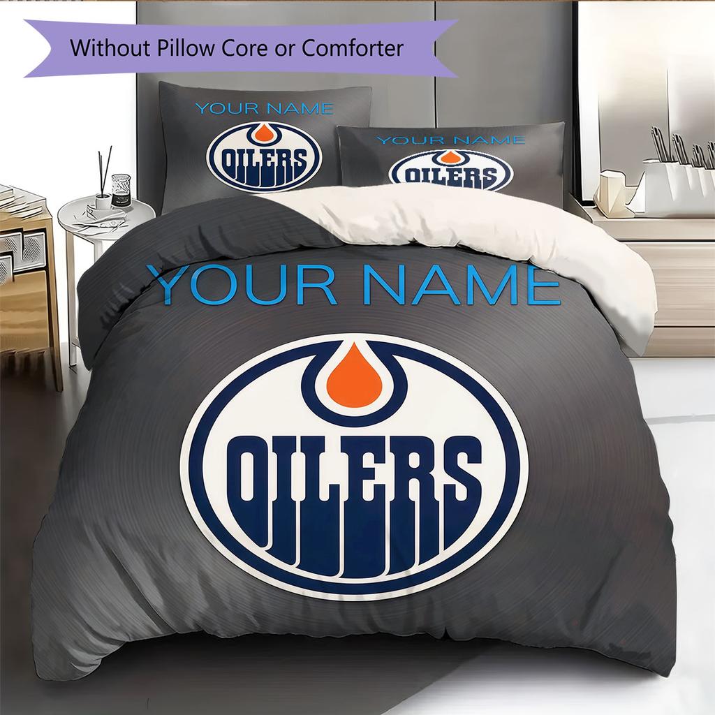 Custom Name,Edmonton Oilers Pattern Bedding Home Decoration Birthday Gift ( 1 Duvet Cover + 2 Pillowcase, Without Core),fan Merchandise.