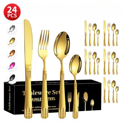 Stainless Steel Embossed Handle Western Food Hotel Tableware Knife, Fork and Spoon Dessert Spoon 24 Pieces Suit