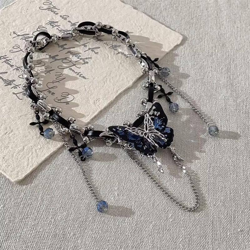 Butterfly Tassel Necklace Sweet Cool Spice Girl Temperament Exaggeration Light Luxury Design Leather Clavicle Chain Gift