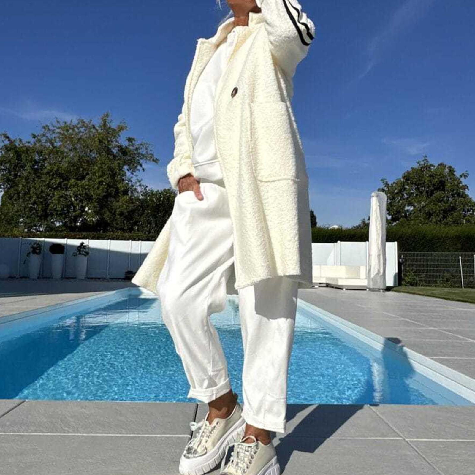 

Ladies Fashionable Casual Loose And Comfortable Solid Color Pocket Button Long Jacket XXL білий