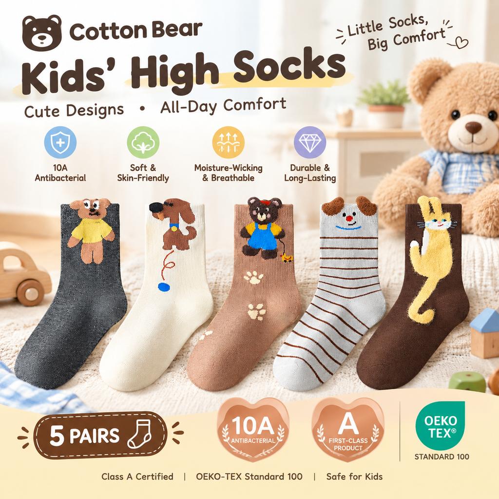 Boys' Class A Antibacterial Knee-High Socks, 5 Pairs