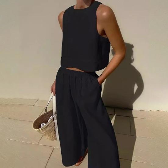 2Pcs/Set Women Summer Outfit O-neck Sleeveless Vest Elastic High Waist Long Pants Set Solid Color Thin Casual Outfit