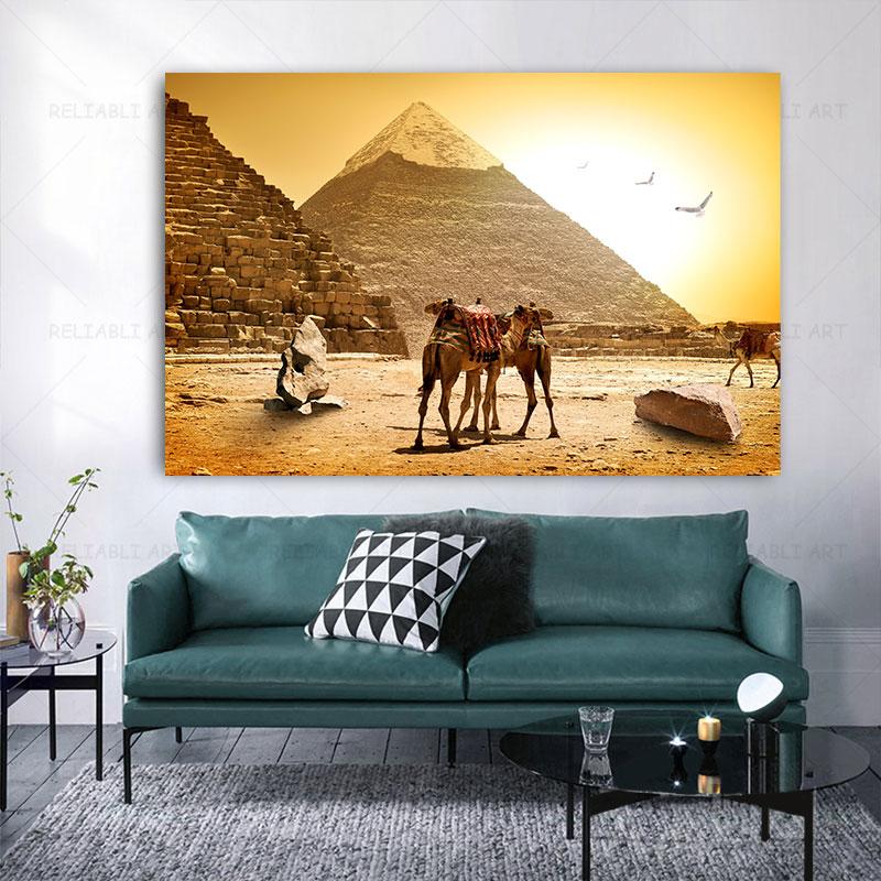 Desert Camel Canvas Painting Animal Wall Pictures Landscape Egyptian Pyramids Nile Posters for Living Room Wall Decor Cuadros