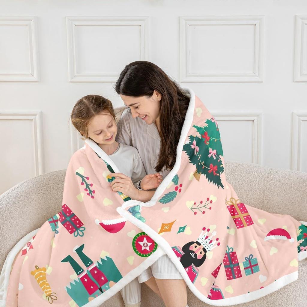 Pink Nutcracker Sherpa Blanket Plush Fuzzy Christmas Fleece Throw Blanket Boys Girls Cute Xmas for Bed Couch Chair Living Room