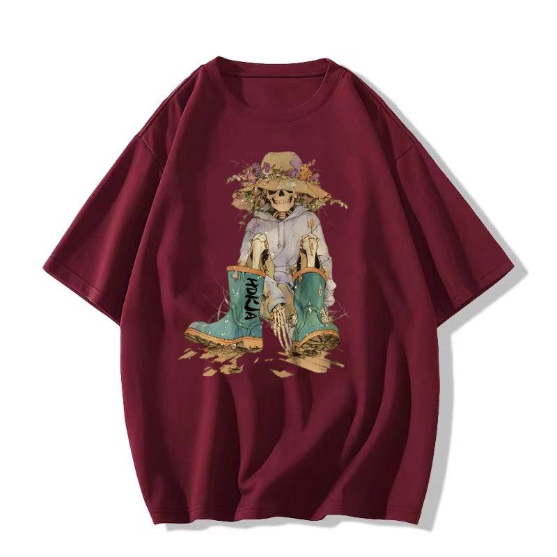 

Унисекс Летняя Хлопковая Футболка с Ретро Принтом Черепа 3XL вино красного