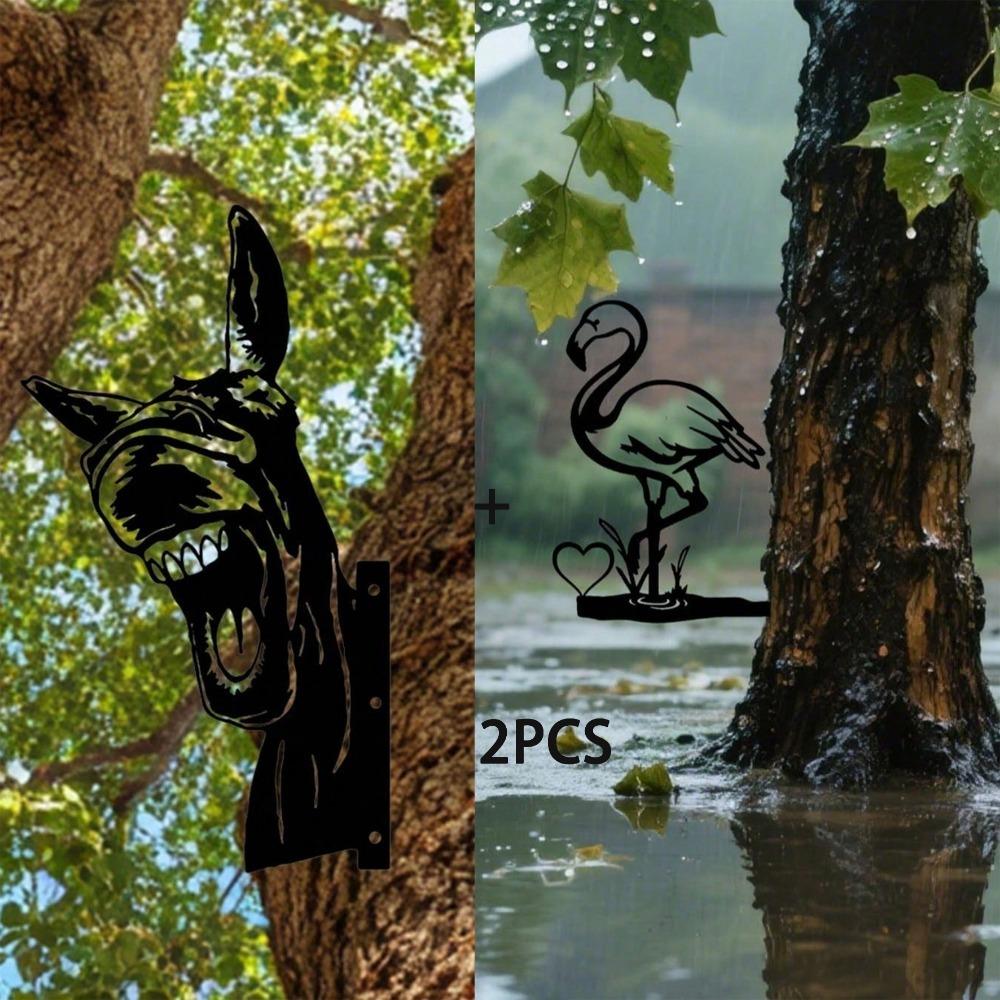 2PCS Peeking Donkey Flamingo Metal Garden Stake Yard Outdoor Decor