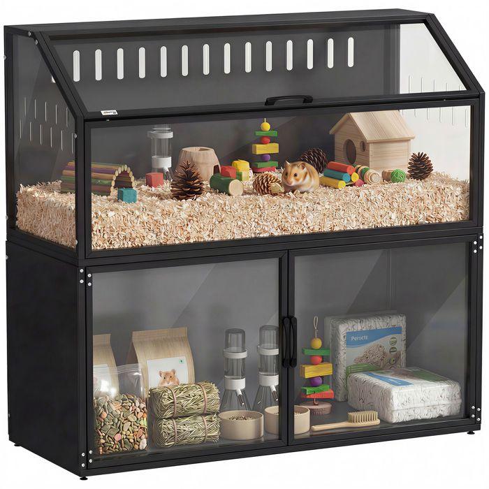 PawHut 2-in-1 Steel and Acrylic Hamster Cage with Storage Cabinet, Black