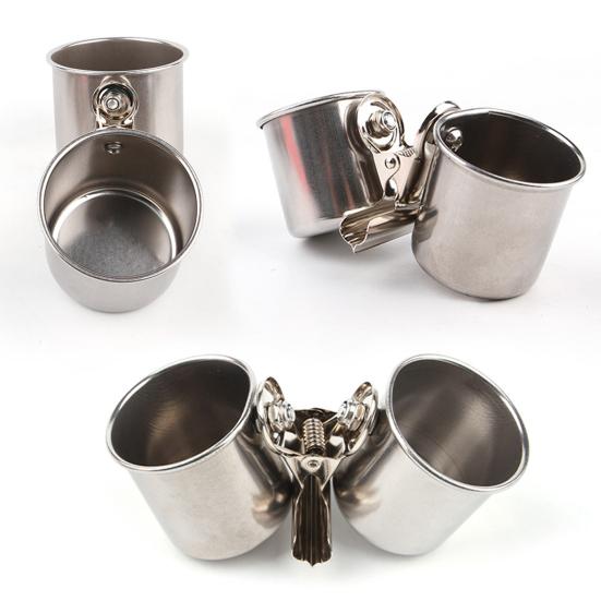 Bird Feed Can Cup with Clamp Stainless Steel Parrot Feeder Water Bowl Anti-Gnawing Easy
