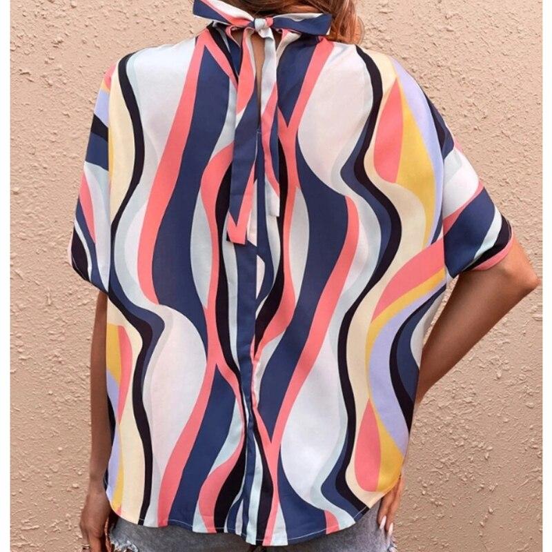 Letní šněrovací leopardí potisk netopýří halenka s krátkým rukávem elegantní volné ležérní ležérní stojáček košile módní elegantní topy ženy 25320