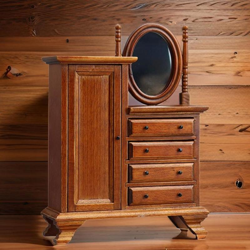 1:12 Scale Miniature Wood Dressing Table Vintage Dollhouses Mini Bedroom Furniture Dollhouses Decorations Accessories