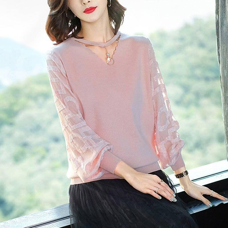 Korean Fashion Spring Sweaters Women's V-Neck Printing Patchwork Hollow Out Elegant All-match Loose Long Sleeve Knitting Tops