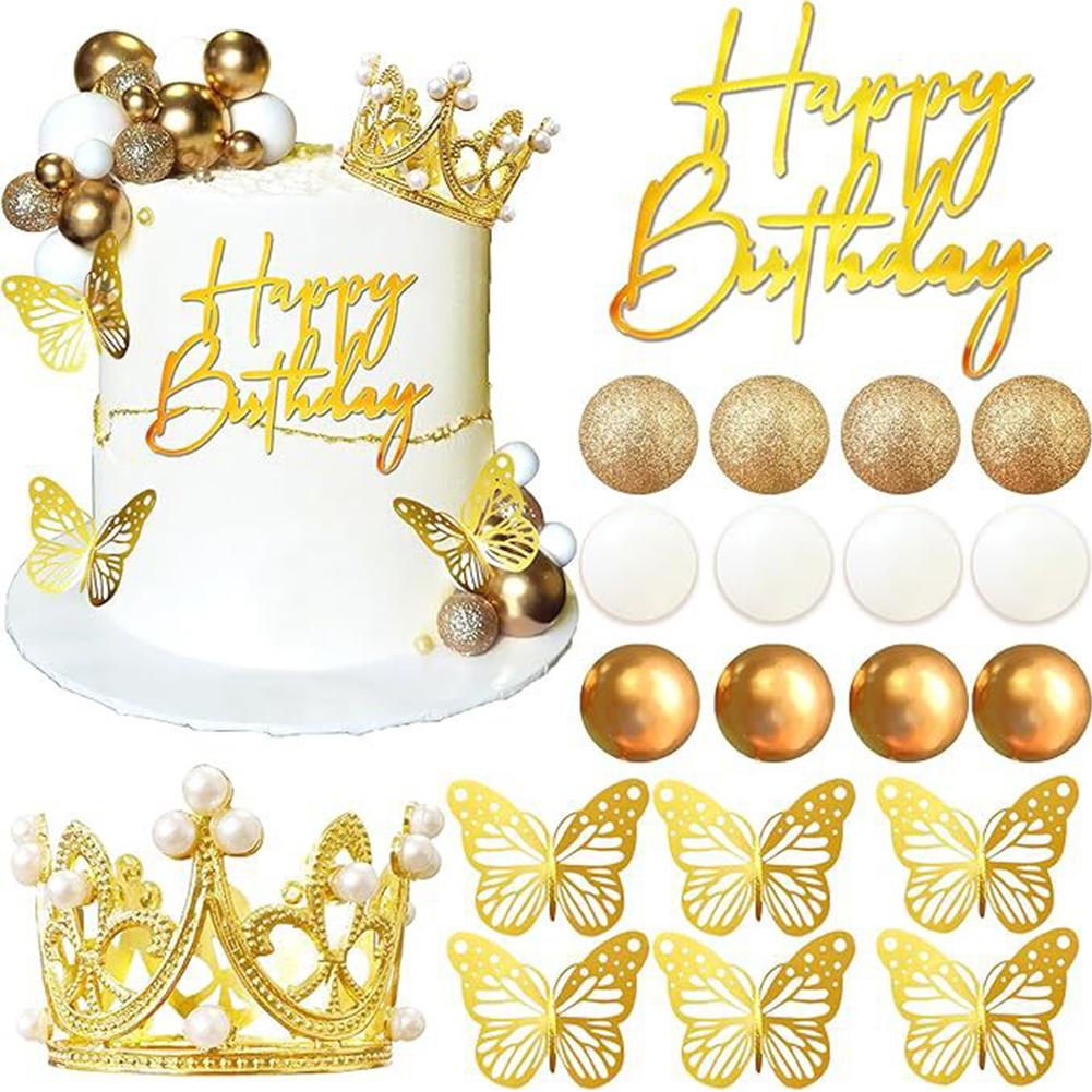 Princess Birthday Cake Decoration Set With Crown Topper Butterfly Cutouts Pink Gold Balls Birthday Cake Accessories For Girls