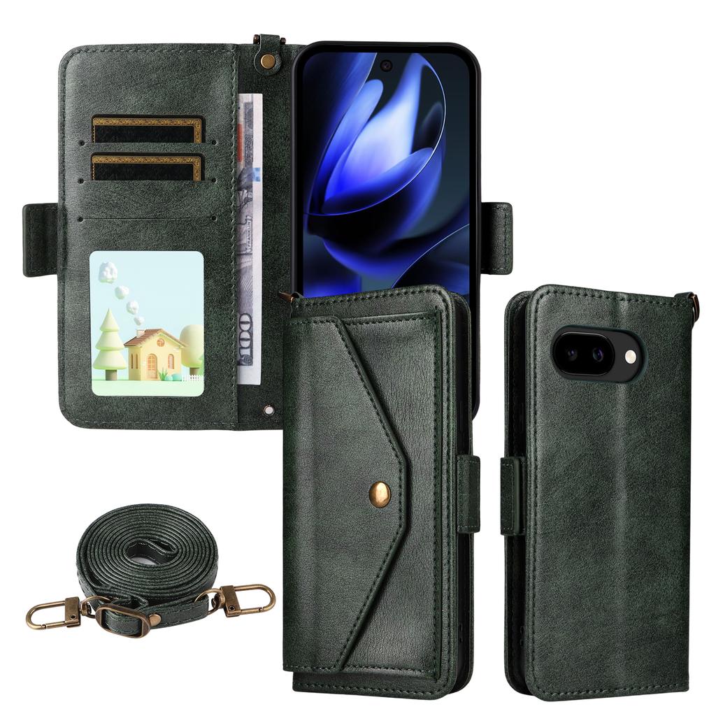 For Google Pixel 9a Leather Case Magnetic Closure Wallet Stand Phone Cover with Crossbody Strap