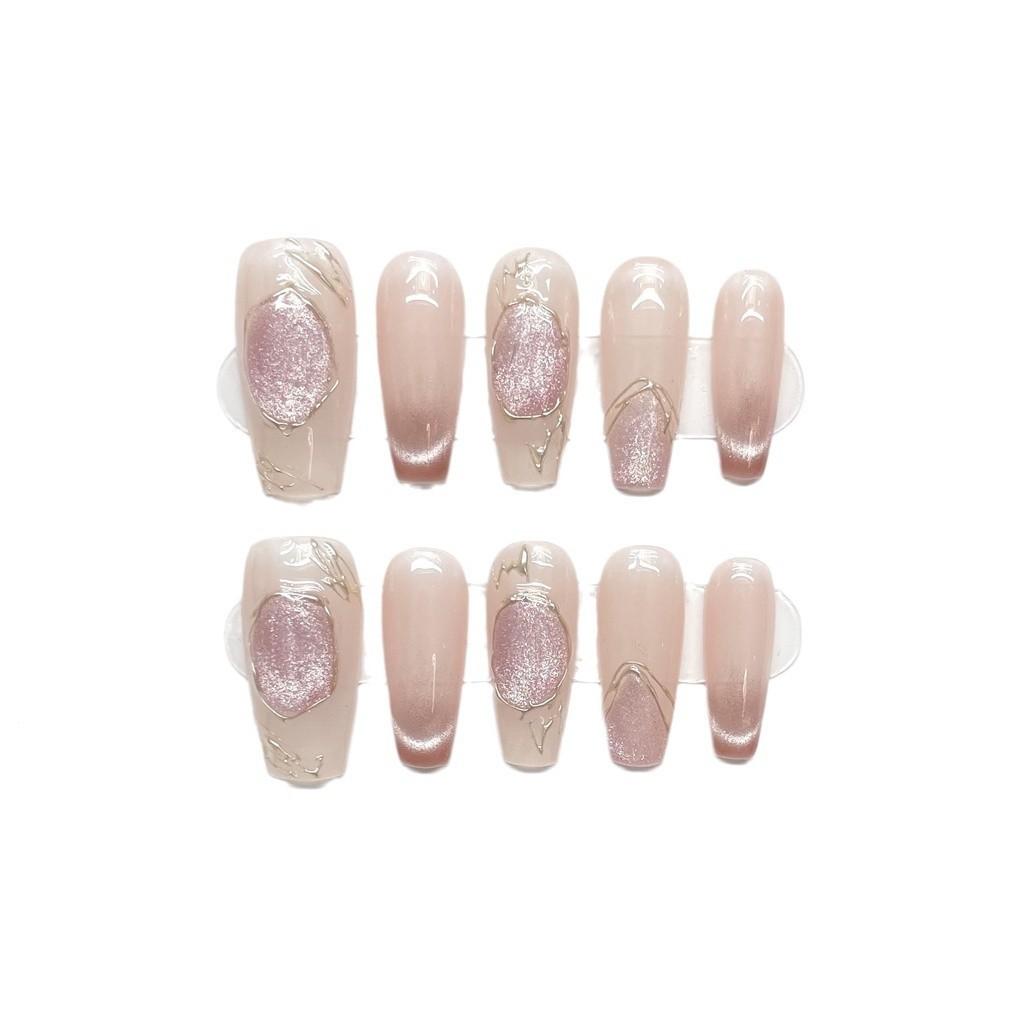 100% HANDMADE Trapezoid Coffin Shape Artificial Nail Art Gradient Nude Pink Cat Eye French Seattle Sparkling Magic Mirror Powder Nails Reusable Nails
