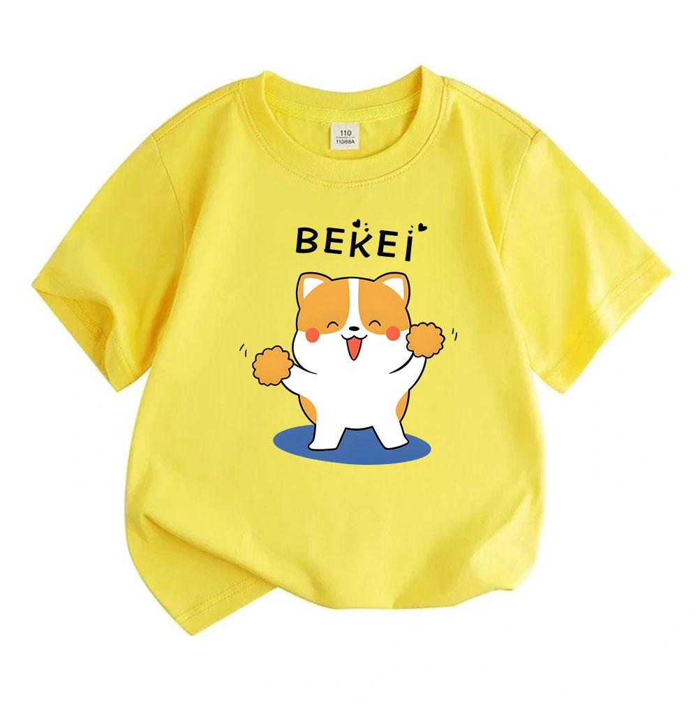 Cute Cheering Corgi Graphic Kids 100% Cotton T-Shirt, Unisex Boys Girls Round Neck Short Sleeve Casual Soft Tee for Daily Wear Cheerful Animal Pattern