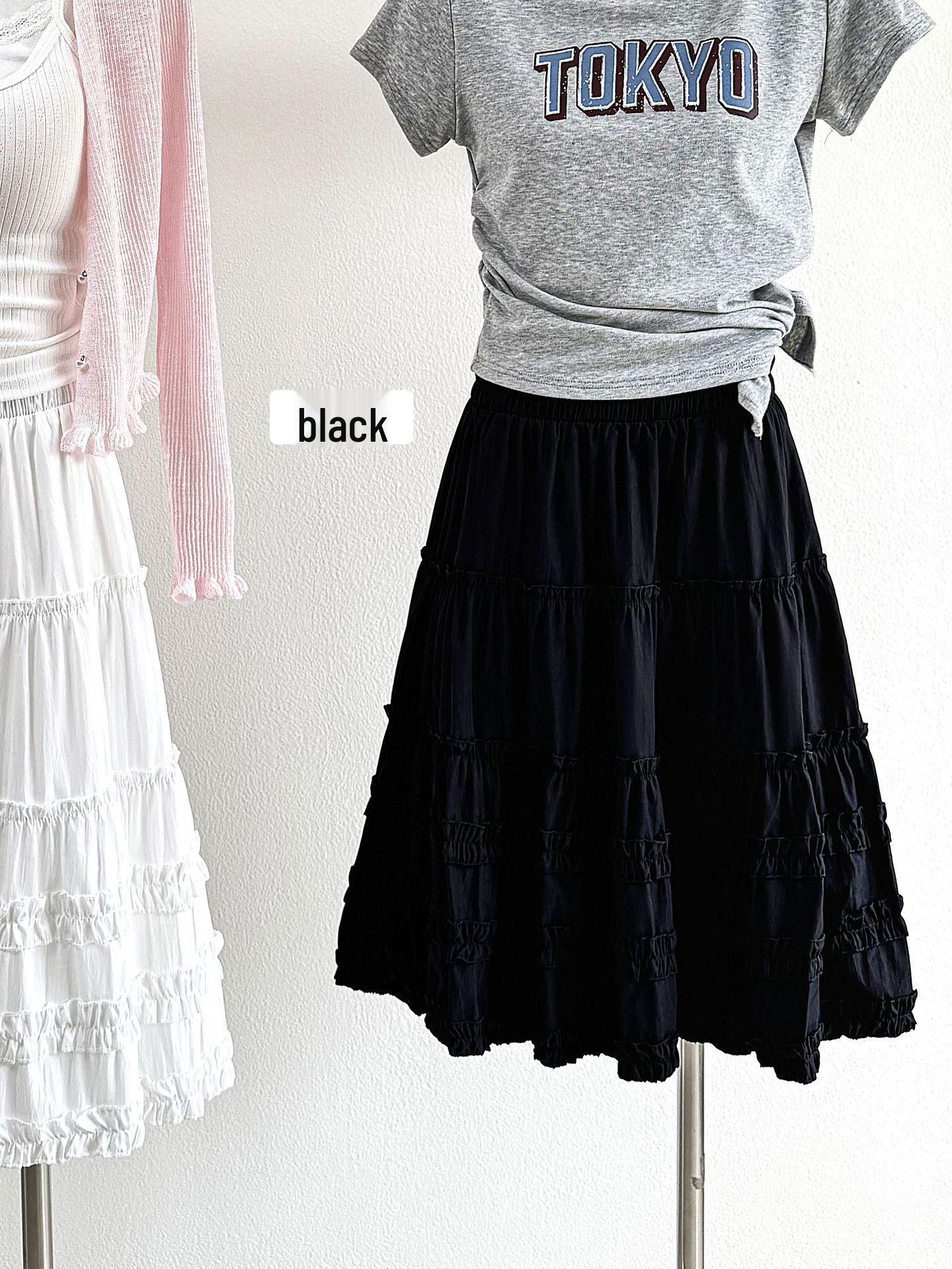 

2026 Spring/Summer Women s High-Waist Girly Ruffle Hem Midi Skirt - White or Black One Size чорний