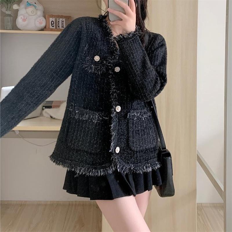 2025 autumn new imitation mink small fragrant knitted cardigan top gentle and sweet wind vertical stripes thin coat