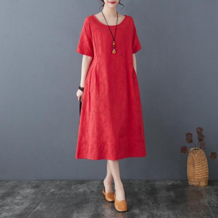 Vintage Floral Jacquard Casual Dress Women Summer Loose Fit Basic Plus Size Short Sleeve Solid Lady Dress