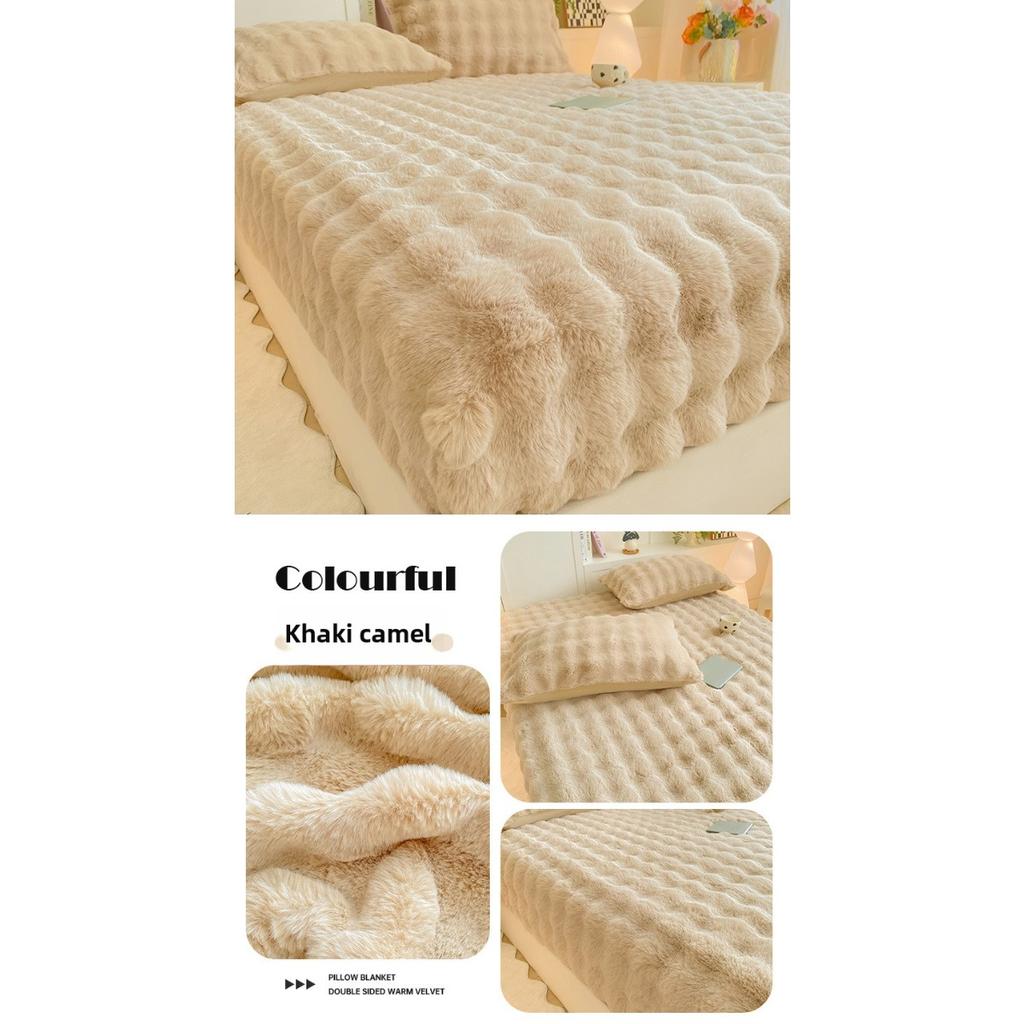 Solid Color Rabbit Like Plush Bed Sheet, 30cm Deep Pocket Design,Fully Wrapped Anti Slip Mattress Protective Cover,Thick and Warm In Autumn and Winter