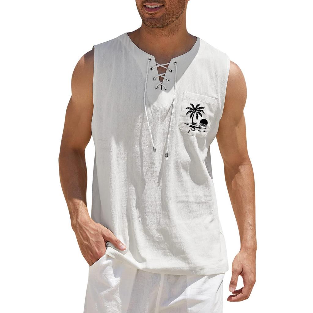 Men's Hawaiian Print Tank Top - Loose Fit Sleeveless Vest with Adjustable Tie for Casual Sports