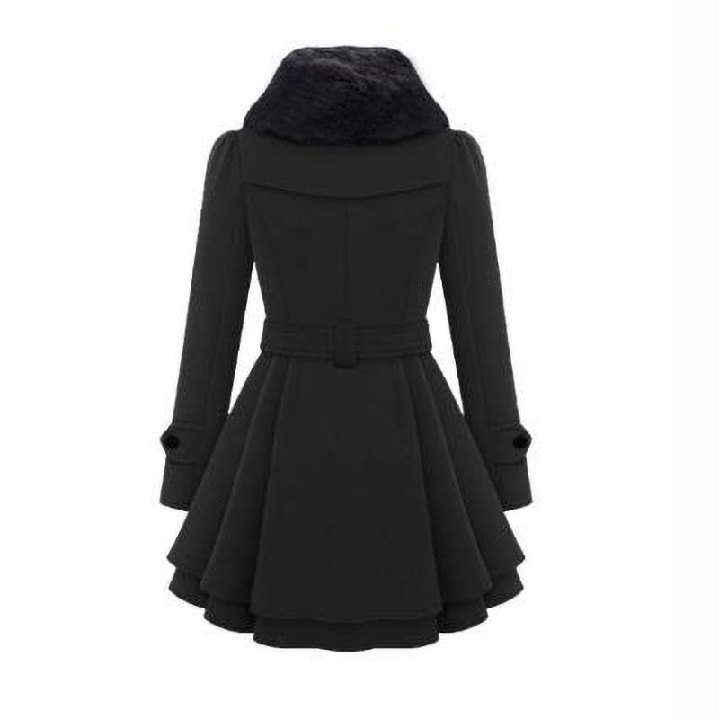 Winter Long Wool Coats Women Streetwear Double Breasted Collar Woolen Collar Lace Up Pleated Ruffle Jackets
