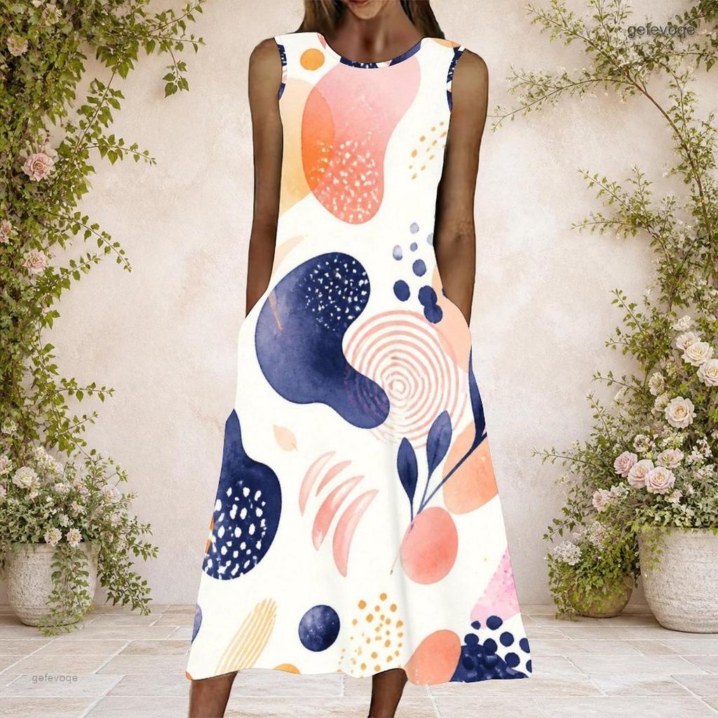Women Plus Size Round Neck Sleeveless Printed A Line Long Dress With Side Pockets