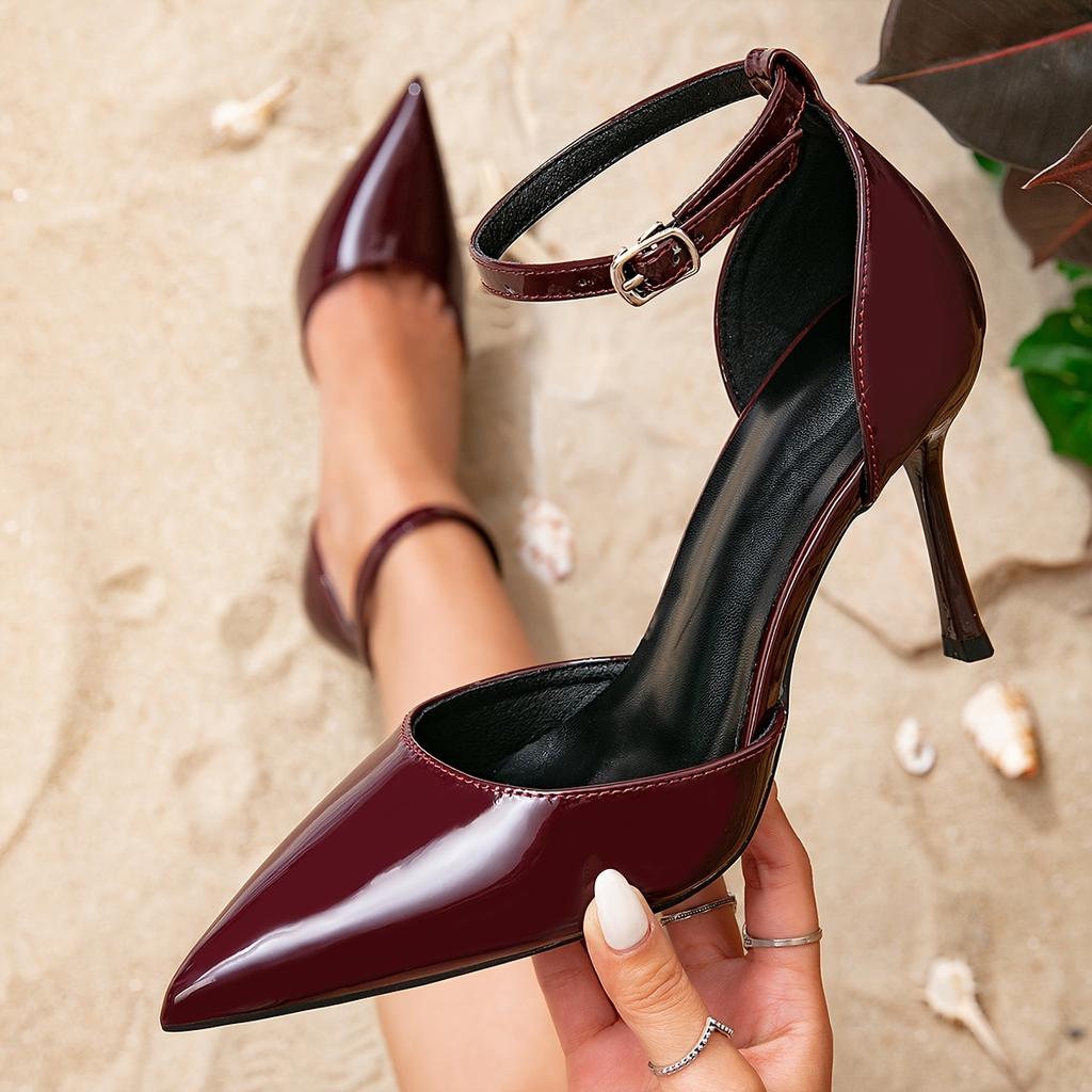 Women's High-heeled Sandals Burgundy Fashion High-heeled Women's Shoes Stiletto Buckle Fashion Pointed Simple High-heeled Sandals