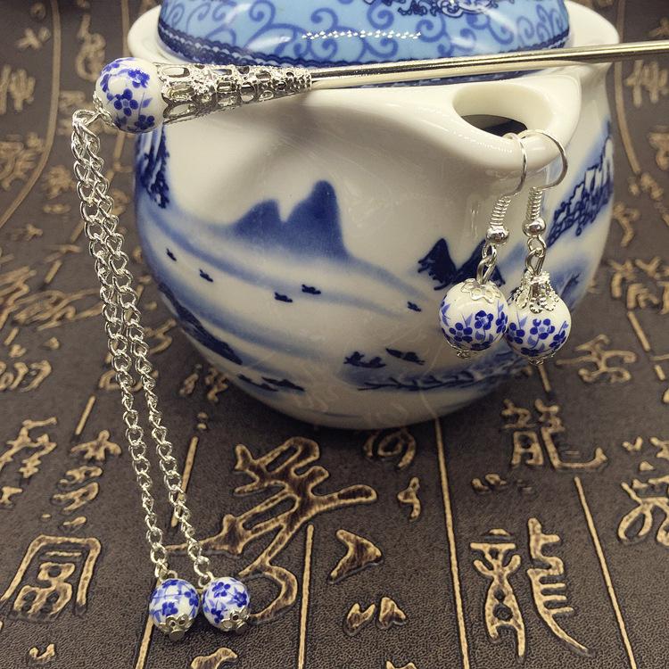 Classical Ceramic Hairpin Set Female Ethnic Style Retro Headdress Plum Blossom Blue and White Porcelain Beads Flower Hairpin Hair Accessories