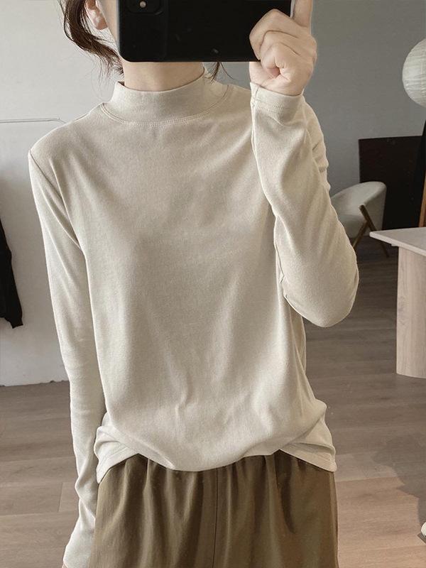 Women's Retro White Half-High Collar Long Sleeve Slimming T-Shirt - Autumn Winter Lazy Style Base Layer