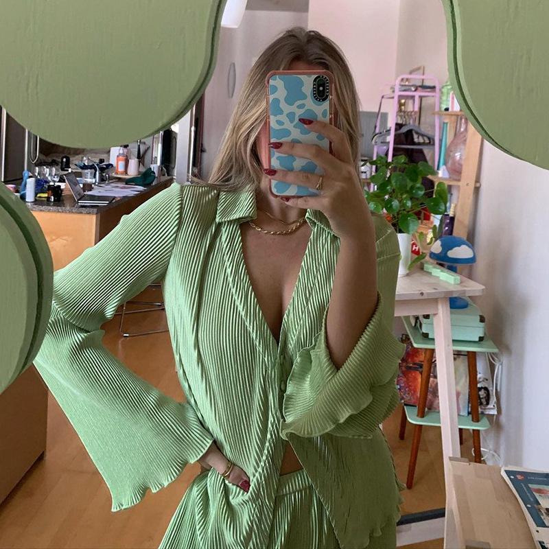 Blouses Summer Clothes Shirts for Women Y2k Pleated Crop Top Women's Shirt Roupas Femininas Tops V Neck Flared Sleeve Shirt