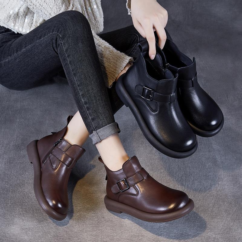 Leder Kurzstiefel für Damen, Neue Styles für Herbst und Winter, Lässige High-Top Schuhe, Retro Flache Schuhe