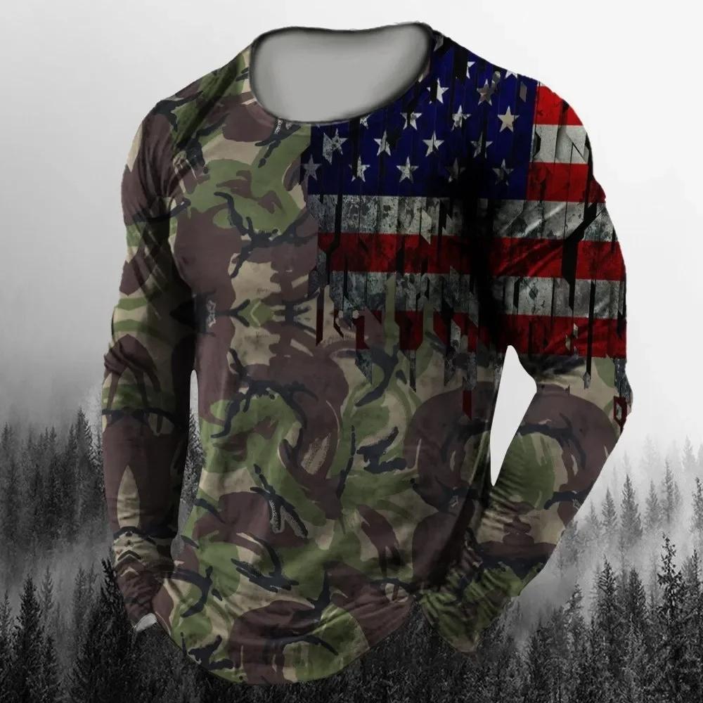 New Camouflage Printed European Size Long Sleeved T-shirt For Men's Casual Autumn Trend Top Round Neck Tees
