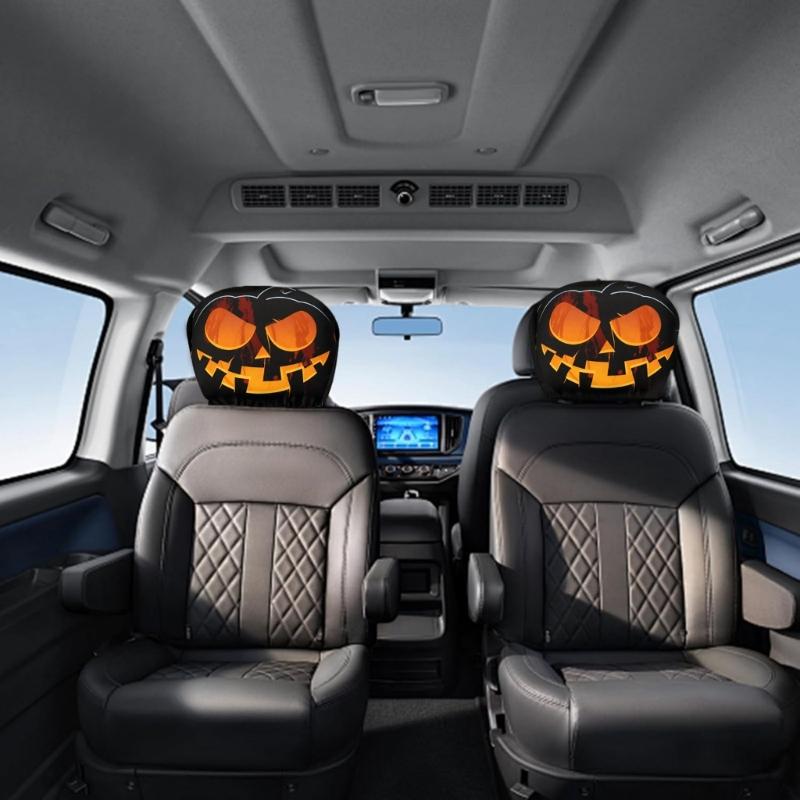 Cartoon Eye Car Seat Headrest Protectors Funny Evil Pumpkins Design Breathable Polyester Fabric Universal Size for Auto