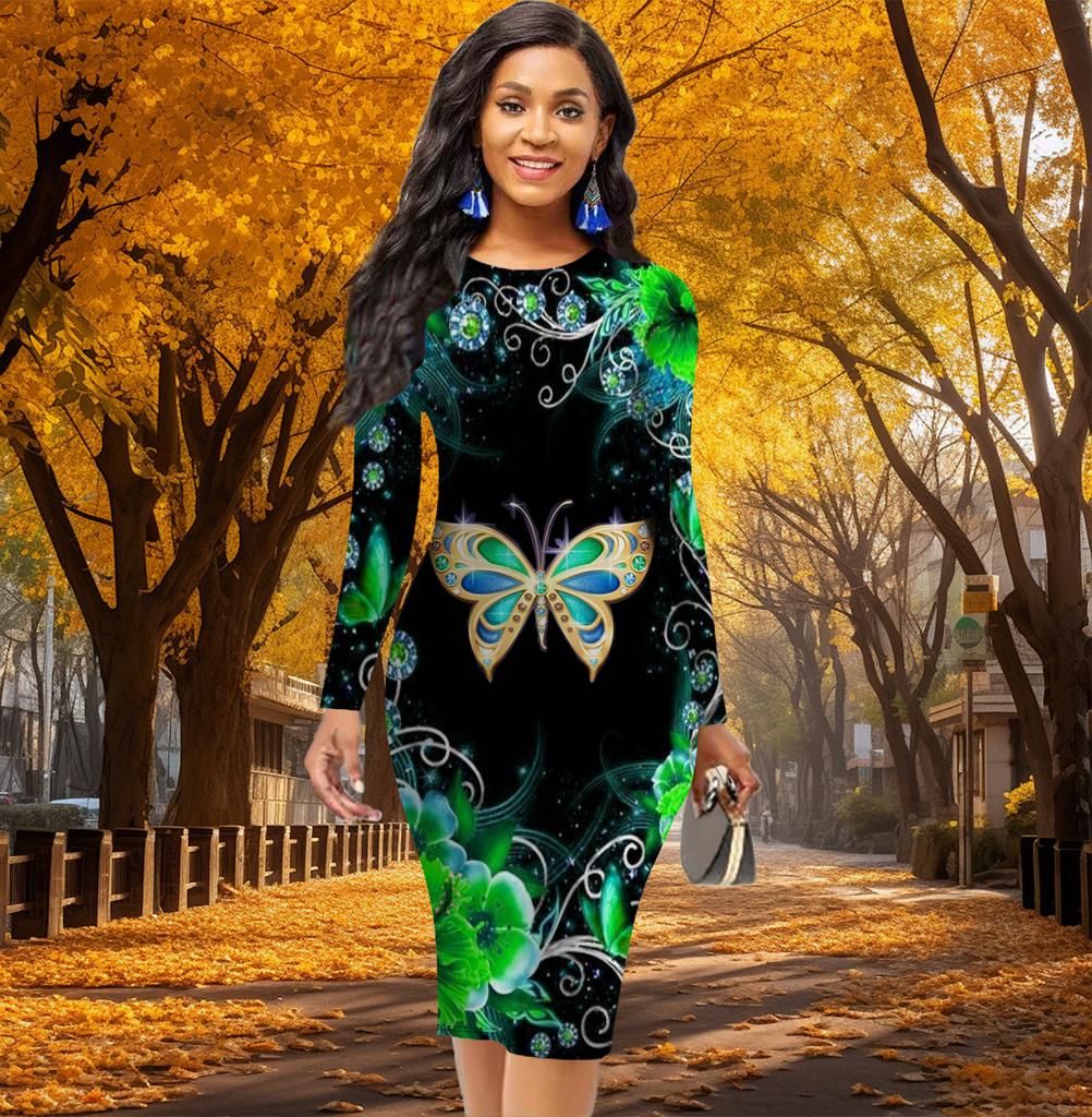 Elegante bodycon jurk met lange mouwen, taille-tight, kantoor slim fit, levendige vlinderprint