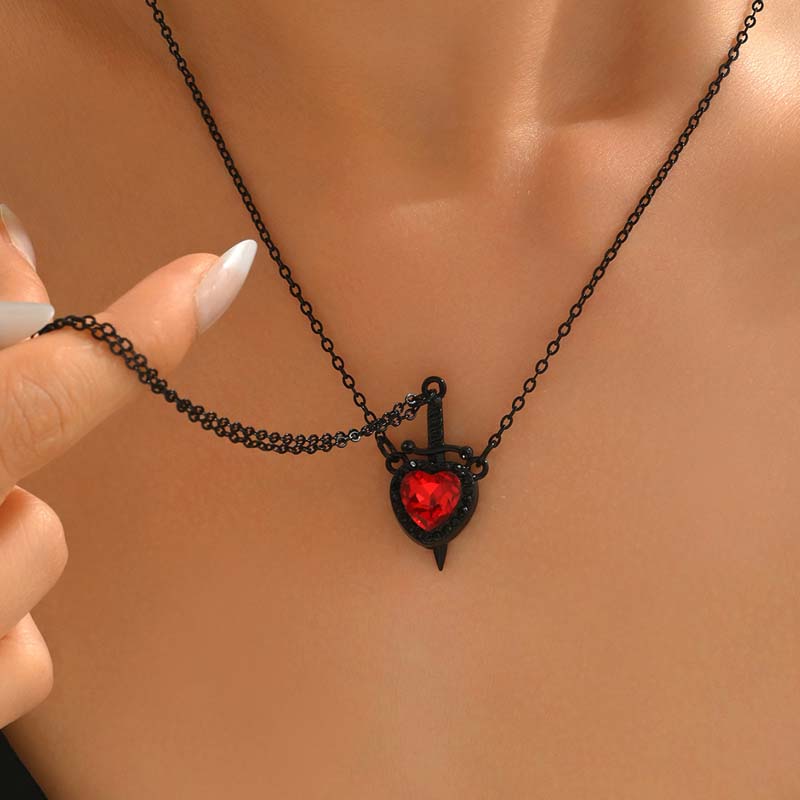 Vintage Metal Heart Sword Pendant Couple Necklace for Women Gothic Black Crystal Clavicle Chain Necklace Zircon Accessories