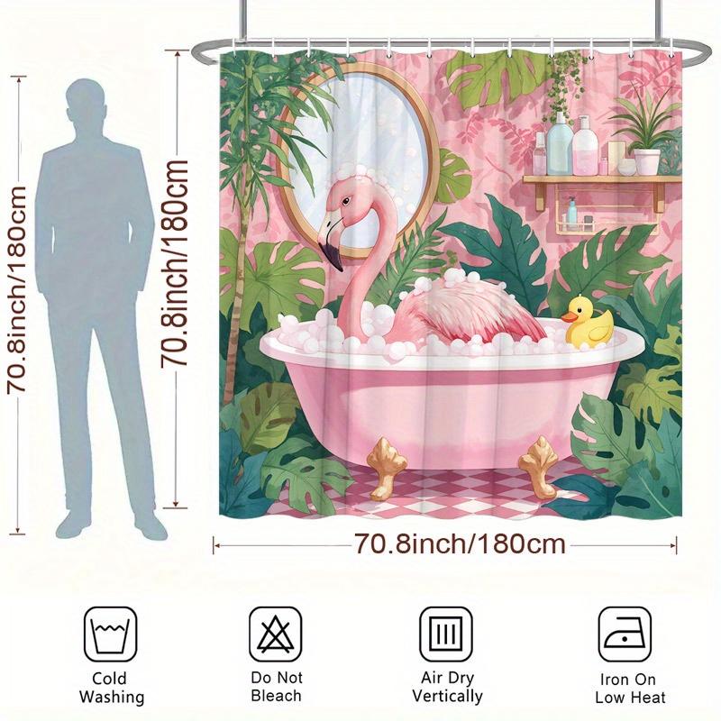 Pink Flamingo Bathtub Shower Curtain Machine Washable All Season Waterproof Privacy Protection Tropical Design Cute Quick Setup