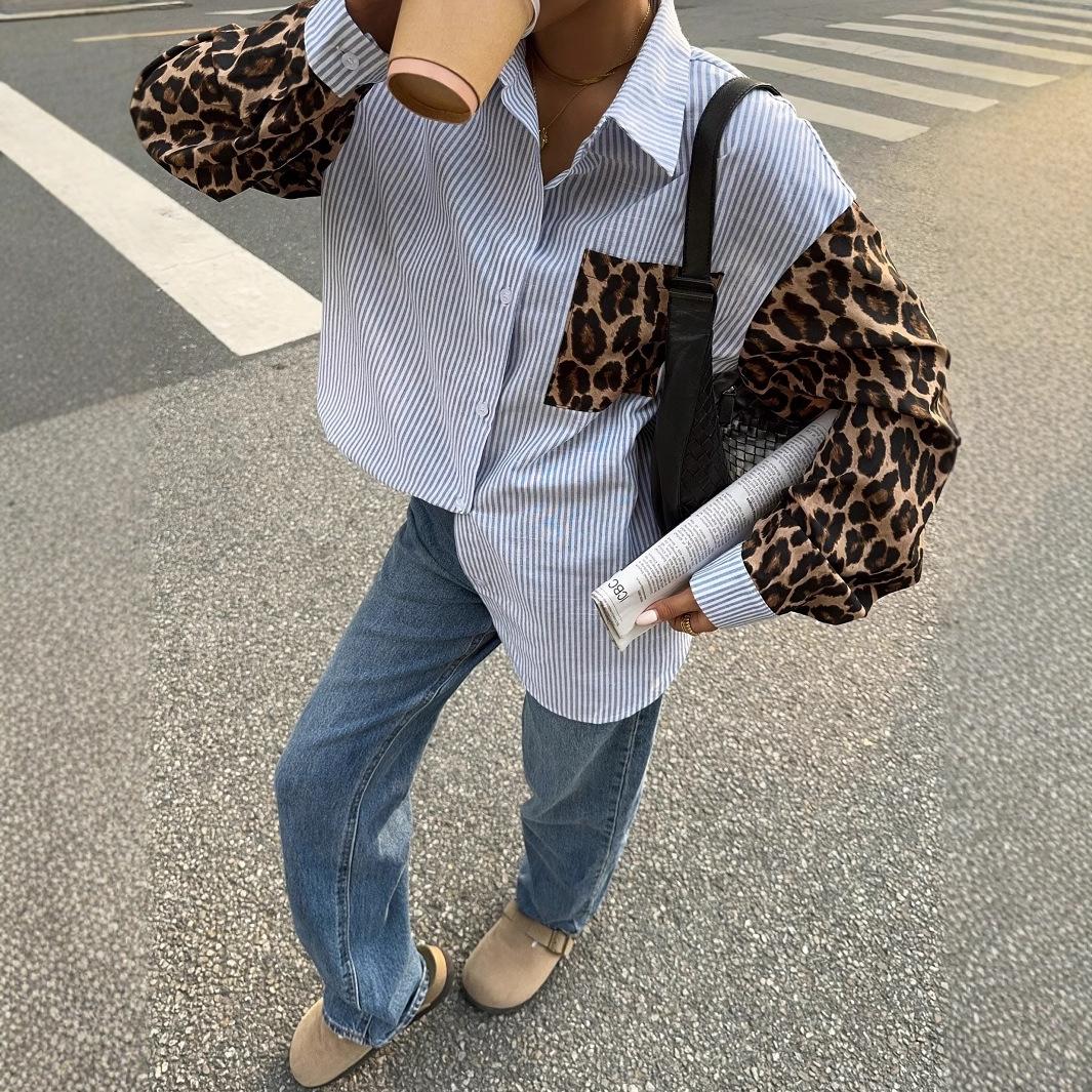 Loose Fit Striped Spliced Leopard Print Long Sleeve Shirt S