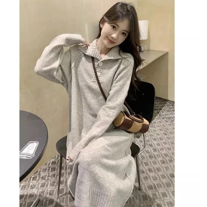 Women's Polo Collar Knitted Dress Loose French Sle Bottoming Inner Wear Mid-Length Over-the-Knee Sweater Skirts