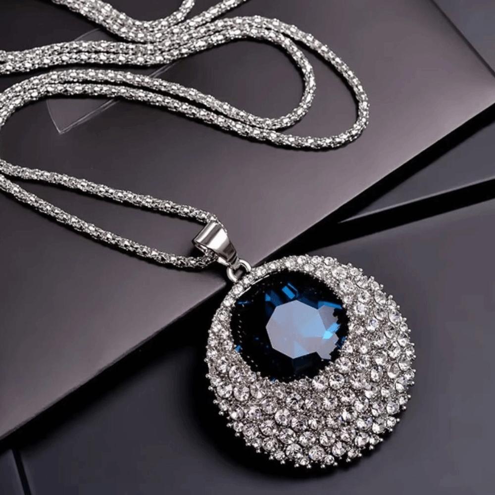 Luxury Blue Long Chain Necklace Minimalist Style Crystal Pendant Necklace  Gift Jewelry