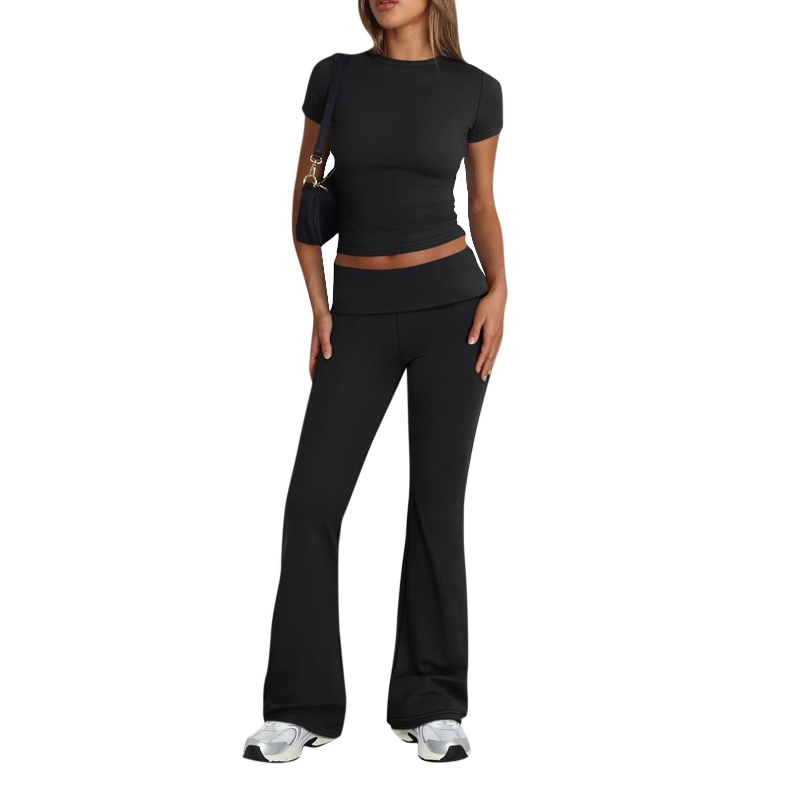 

Women s Fashion Color Round Neck Short Sleeve Top Wide Leg Pants Set XL чёрный