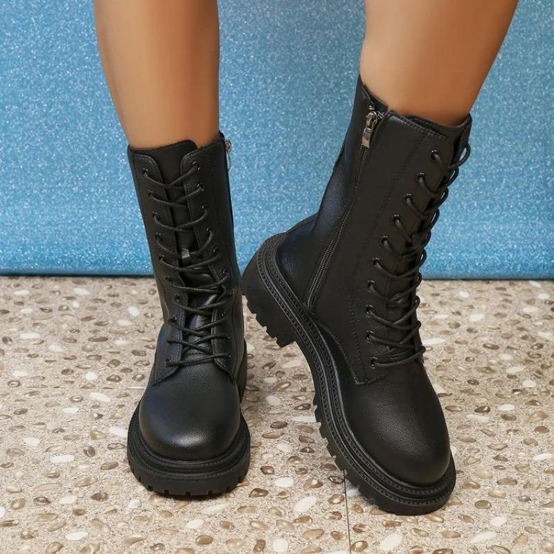 Fashion Lace Up Zipper Midi-Calf Boots For Women Autumn Winter  Solid Platform Modern Boots Woman Square Heel Botas Mujer