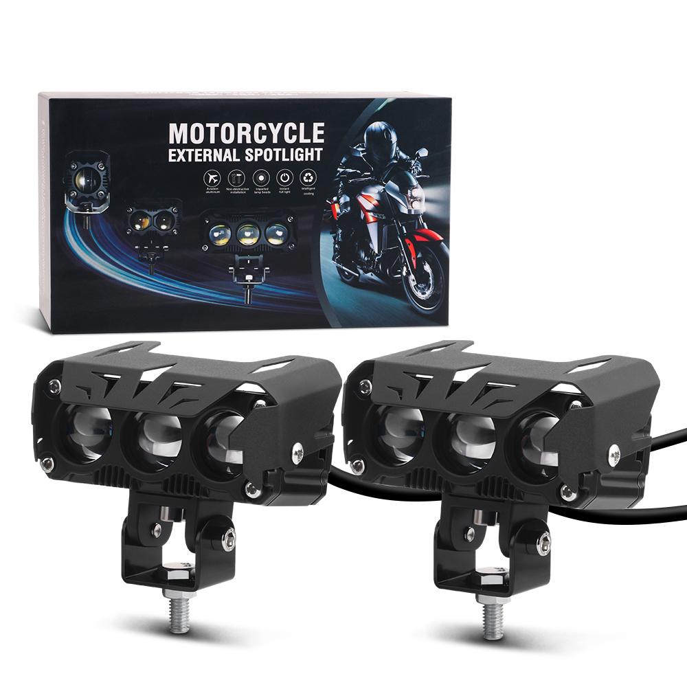 2pcs Led Motorcycle Lights External Headlights Spotlight Dual Color Three Eye Binocular Lens Convex Lens Motorbike Accessories