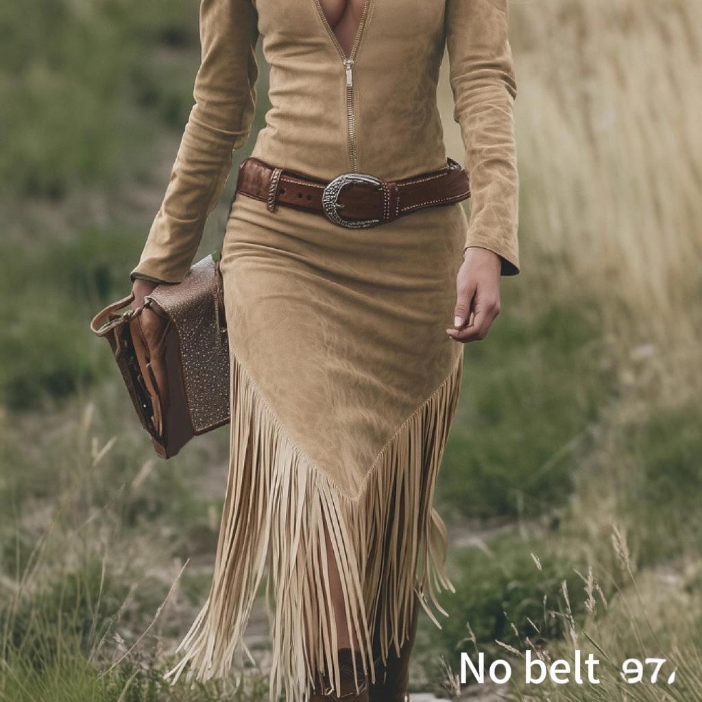 Ladies Vintage Western Lapel Front Zipper Tassel Long Sleeve Medium Dress