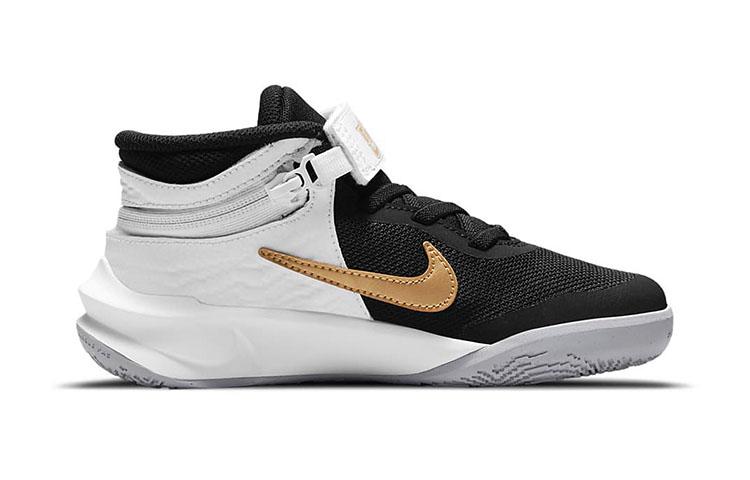 Nike Team Hustle D 10 Flyease Abrasion Resistant Mid Top Basketball Shoes White Gold Black Children Aged 3 7 Years Old DD7302-002