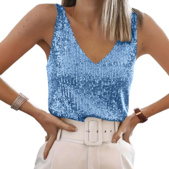 Women Tops Deep V-Neck Sparkling Sequins Design Sleeveless Vest Loose Fit Party Camisole Nightclub Wear