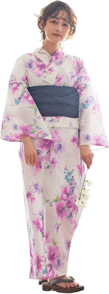 Dita Yukata Set with Obi In Navy and with Watercolor and Floral Easy To Dress by Yourself Gorgeous Free Women's 5-Piece (Heko Obi) Blue, White, Pink,