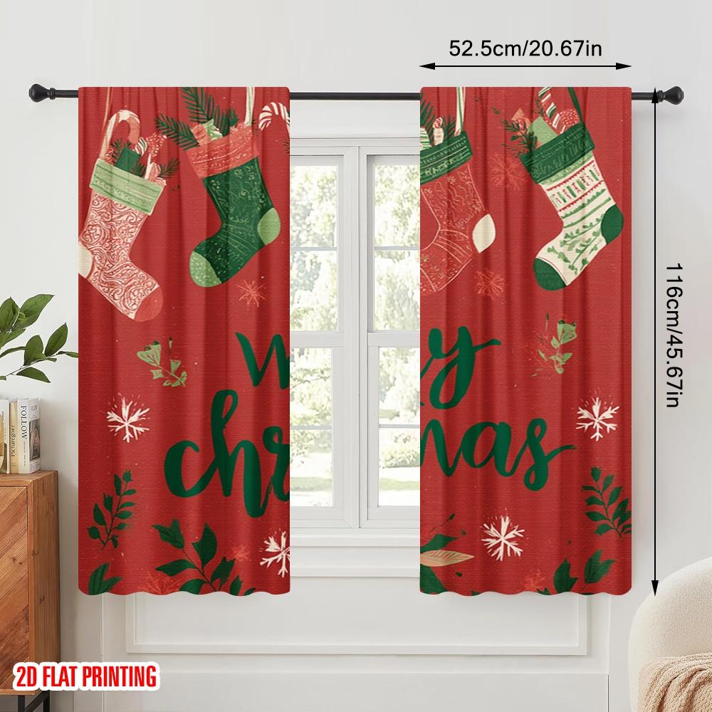 2pcs,2D plane printing Popular Curtains Stockings_ Snowflakes & Poinsettias Durable Polyester (without rod) Decorations Inside
