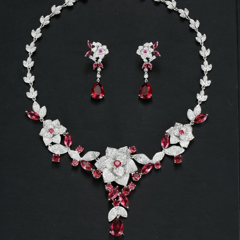 Luxury Camellia Bridal Zircon Necklace Earrings Set Gala Wedding Dress High-end Jewelry Ladies