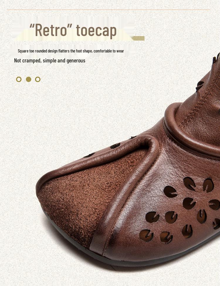 Shanghai Jiezhou 2024 Sandales Bottes Hautes Découpes Rétro en Cuir de Vachette - Chaussures Décontractées Confortables Polyvalentes pour Femmes